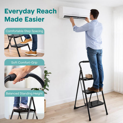 3-Step Folding Step Ladder With Wide Anti-Slip Pedal & Handrail – Sturdy Steel, Lightweight & Portable Step Stool For Home & Office Use (White)