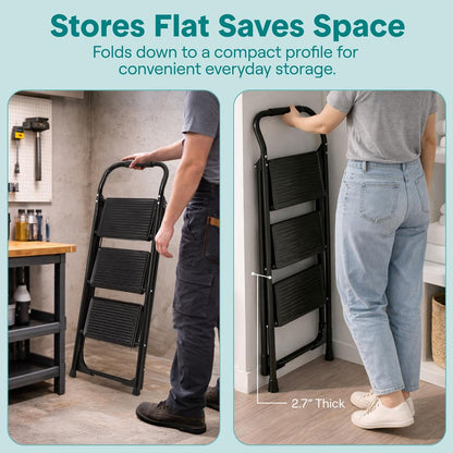 3-Step Folding Step Ladder With Wide Anti-Slip Pedal & Handrail – Sturdy Steel, Lightweight & Portable Step Stool For Home & Office Use (White)