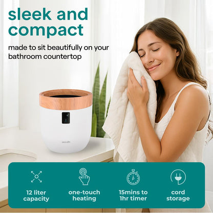 Towel Warmer Bucket - Spa Fragrance, Auto Shut-Off, Wood Finish