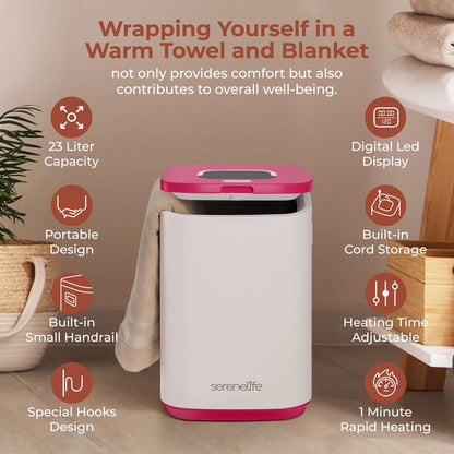 Towel Warmer Bucket - 23L Capacity Hot Towel Warmer With Timer Function, Fits Up To Two Oversized Towels For Bathroom (Pink)