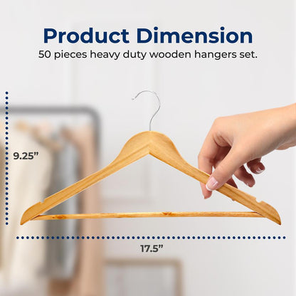 Wooden Hangers 50-Pack, Heavy Duty, 360° Swivel Hook, Natural Wood