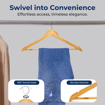 Wooden Hangers 50-Pack, Heavy Duty, 360° Swivel Hook, Natural Wood
