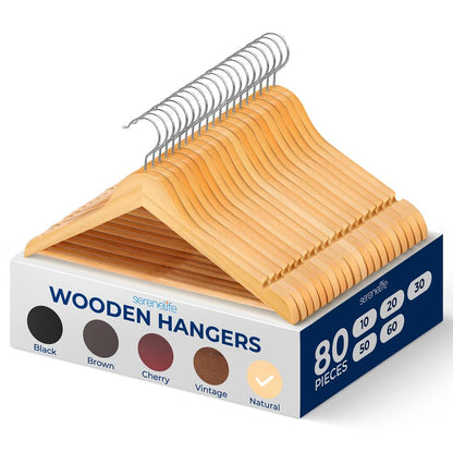Wooden Hangers 80-Pack, Heavy Duty, 360° Swivel Hook, Natural Wood