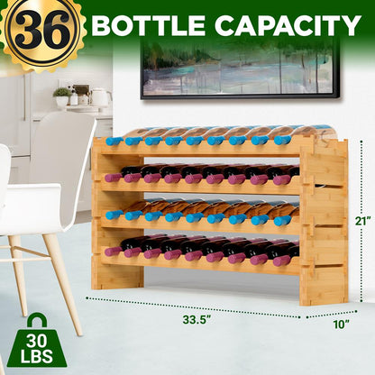 Stackable Wine Rack 36-Bottle Capacity Bamboo Modular Display Shelf