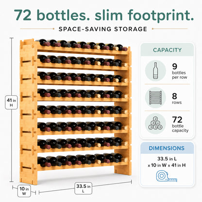 Stackable Wine Rack 72-Bottle Capacity Bamboo Modular Display Shelf