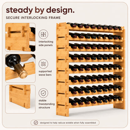 Stackable Wine Rack 72-Bottle Capacity Bamboo Modular Display Shelf