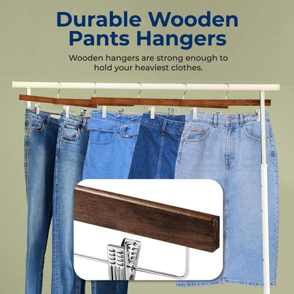 Wooden Pants Hangers 10 Pack, Non-Slip Clips, Retro Brown