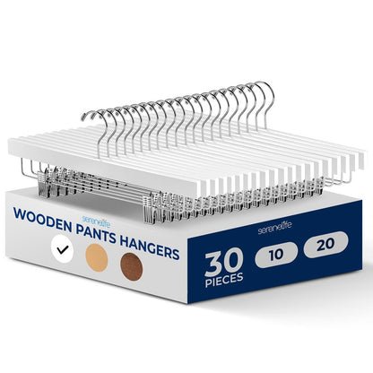 Wooden Pants Hangers 30-Pack, Non-Slip Clips, 360¬8 Swivel Hook, White