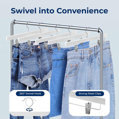 Wooden Pants Hangers 30-Pack, Non-Slip Clips, 360¬8 Swivel Hook, White