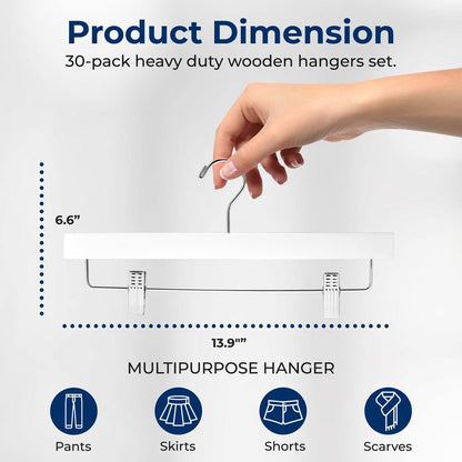 Wooden Pants Hangers 30-Pack, Non-Slip Clips, 360¬8 Swivel Hook, White