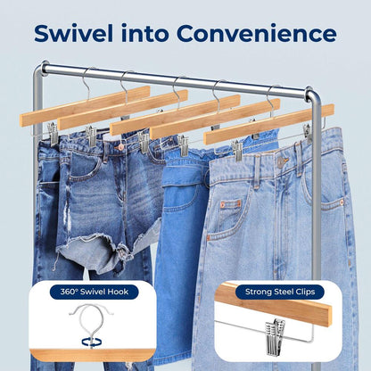 Wooden Pants Hangers 20-Pack, Non-Slip Clips, Natural Wood