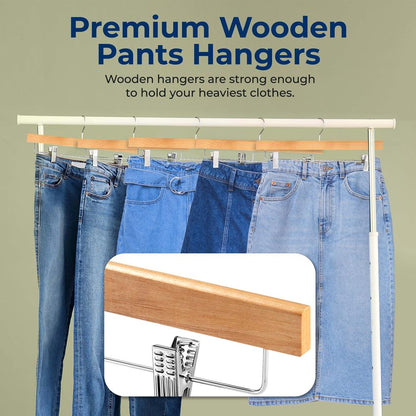 30 Pack Wooden Pants Hangers - Non-Slip Clips, Swivel Hook, Natural Wood