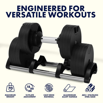 70lb Adjustable Dumbbell, Quick Change, Anti-Slip Metal Handle