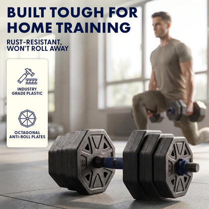 Squatz 4-In-1 Multifunctional 45 Lbs Adjustable Octagon Dumbbell Set With Barbell Connector, Kettlebell Handle, And Push-Up Handles For Home Gym Strength Training (Black And Navy)