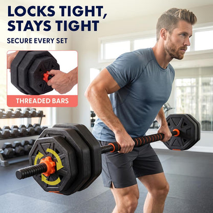 Squatz 4-In-1 Multifunctional 70 Lbs Adjustable Octagon Dumbbell Set With Barbell Connector, Kettlebell Handle, And Push-Up Handles For Home Gym Strength Training (Black And Red)
