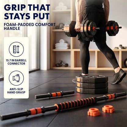 Squatz 4-In-1 Multifunctional 70 Lbs Adjustable Octagon Dumbbell Set With Barbell Connector, Kettlebell Handle, And Push-Up Handles For Home Gym Strength Training (Black And Red)