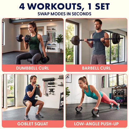 Squatz 4-In-1 Multifunctional 90 Lbs Adjustable Octagon Dumbbell Set With Barbell Connector, Kettlebell Handle, And Push-Up Handles For Home Gym Strength Training (Black And Navy)