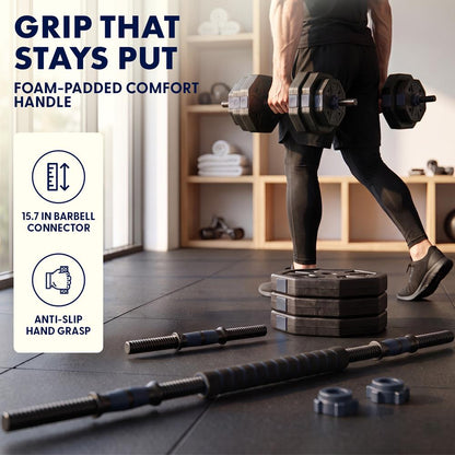 Squatz 4-In-1 Multifunctional 90 Lbs Adjustable Octagon Dumbbell Set With Barbell Connector, Kettlebell Handle, And Push-Up Handles For Home Gym Strength Training (Black And Navy)
