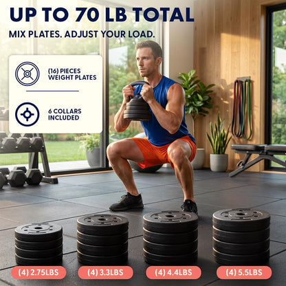 Squatz 4-In-1 Multifunctional 70 Lbs Adjustable Dumbbell Set With  Barbell Connector, Kettlebell Handle And Push-Up Handles For Home Gym Strength Training (Black And Navy)