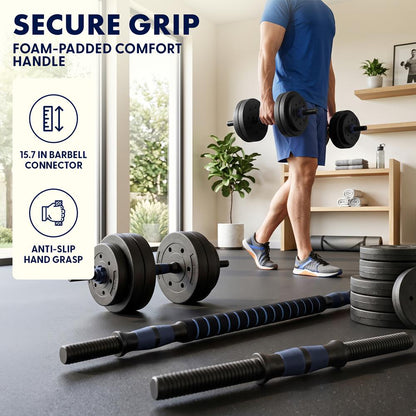 Squatz 4-In-1 Multifunctional 70 Lbs Adjustable Dumbbell Set With  Barbell Connector, Kettlebell Handle And Push-Up Handles For Home Gym Strength Training (Black And Navy)