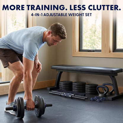 Squatz 4-In-1 Multifunctional 70 Lbs Adjustable Dumbbell Set With  Barbell Connector, Kettlebell Handle And Push-Up Handles For Home Gym Strength Training (Black And Navy)