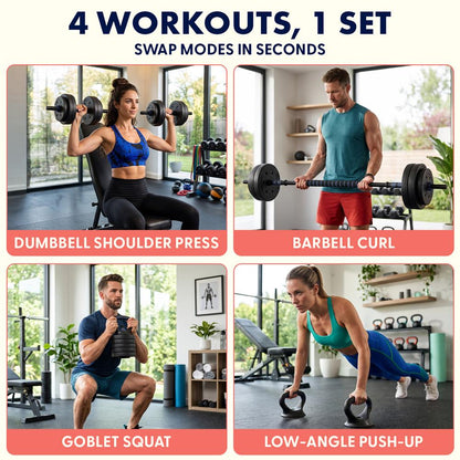 Squatz 4-In-1 Multifunctional 90 Lbs Adjustable Dumbbell Set With Barbell Connector, Kettlebell Handle And Push-Up Handles For Home Gym Strength Training (Black And Navy)