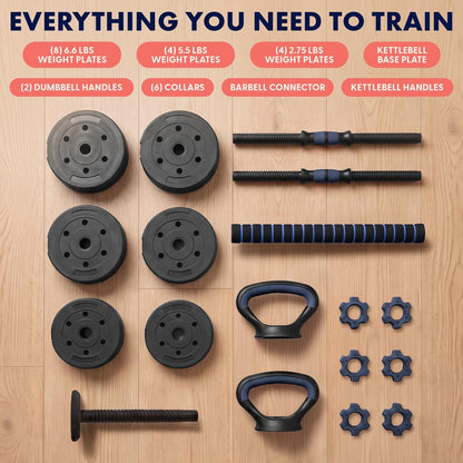 Squatz 4-In-1 Multifunctional 90 Lbs Adjustable Dumbbell Set With Barbell Connector, Kettlebell Handle And Push-Up Handles For Home Gym Strength Training (Black And Navy)