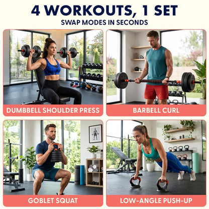 Squatz 4-In-1 Multifunctional 90 Lbs Adjustable Dumbbell Set With  Barbell Connector, Kettlebell Handle And Push-Up Handles For Home Gym Strength Training (Black And Red)