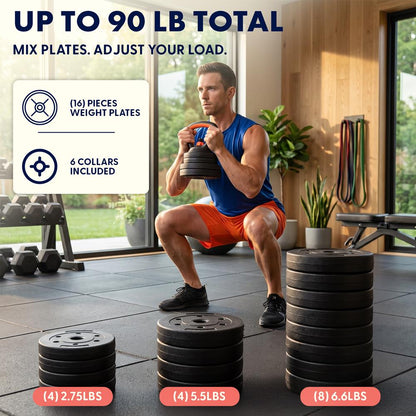 Squatz 4-In-1 Multifunctional 90 Lbs Adjustable Dumbbell Set With  Barbell Connector, Kettlebell Handle And Push-Up Handles For Home Gym Strength Training (Black And Red)
