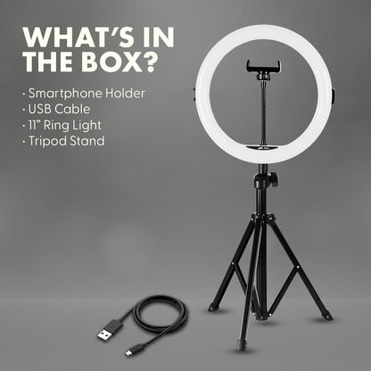 11" LED Selfie Ring Light, Adjustable Tripod, 10-Level Brightness