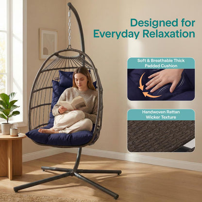 Foldable Egg Chair 350 lbs Capacity Rattan Wicker Deep Blue Cushion