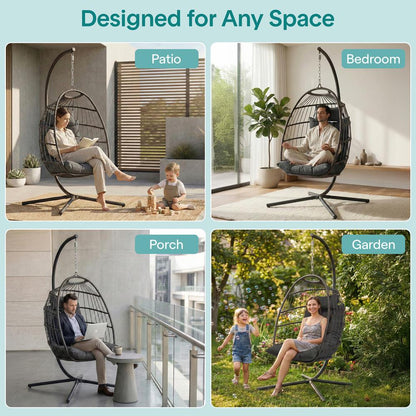 Foldable Egg Chair with Stand, 350 lbs Capacity, Rattan Wicker, Gray